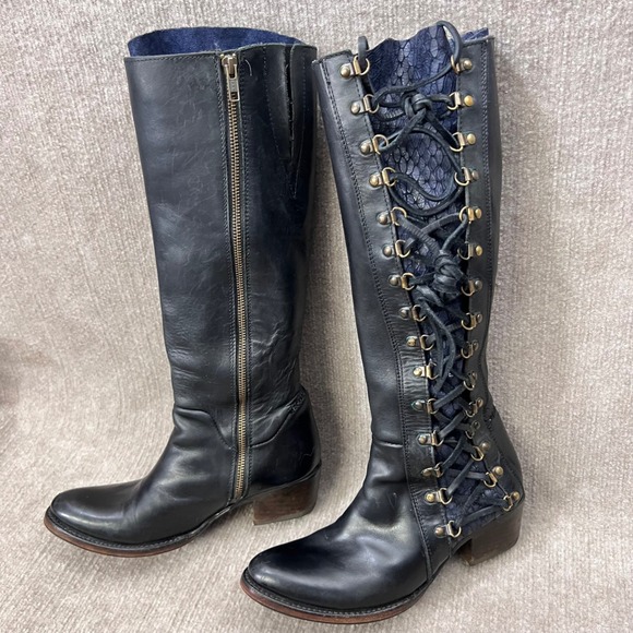 Freebird by Steven Wyatt Black Leather Tall Snake Texture Black Blue Boots 8  L - Picture 8 of 16